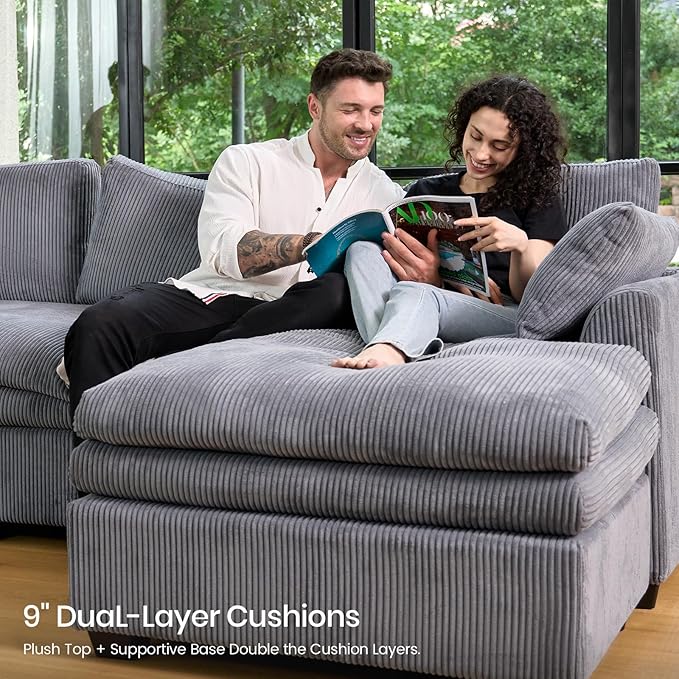 Belffin Large Modular Sectional Sofa with Deep Chaise, 73.6" Corduroy L Shaped Couch with 9" Soft Dual-Layer Seats Cushion for Living Room, Apartment, Light Grey