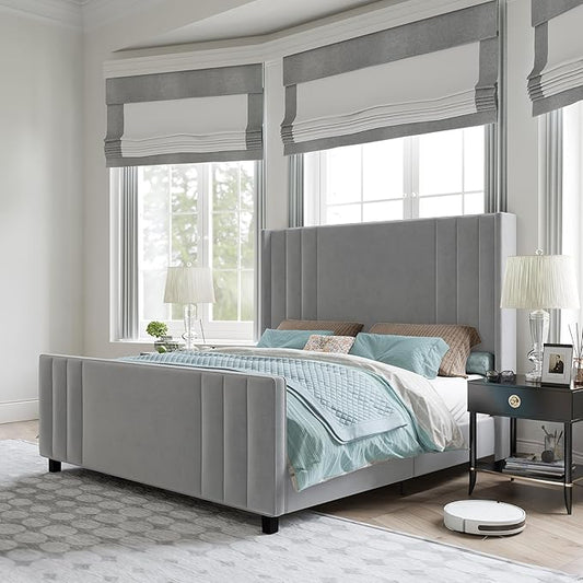 AMERLIFE Queen Size Bed Frame, Velvet Upholstered Platform Bed with Vertical Channel Tufted Headboard & Footboard/Wingback, Mattress Foundation with Wood Slats, No Box Spring Needed, Light Grey