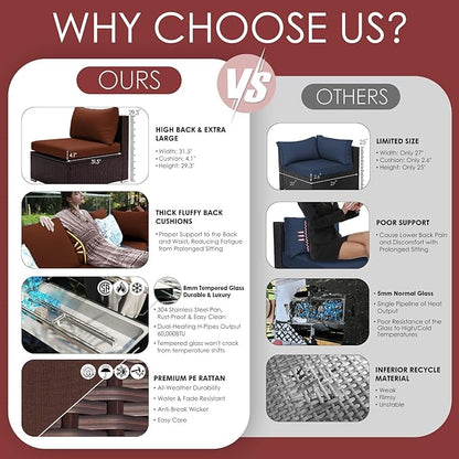 NICESOUL 9 Pcs Large Patio Furniture Set with Fire Pit Propane/Natural Gas, 29.3'' High Back Wicker Outdoor Sectional for 8 People, Modular Deep Sofa Conversation Sets, Brown Rattan and Red Cushion