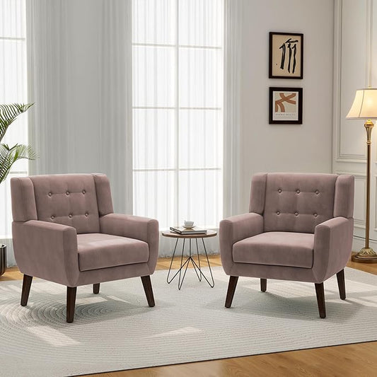 Accent Chair, Modern Velvet Arm Chair for Living Room, Bedroom, Comfy High-Resilient Sponge Reading Chair for Small Spaces （Velvet Silk Pink, Set of 2