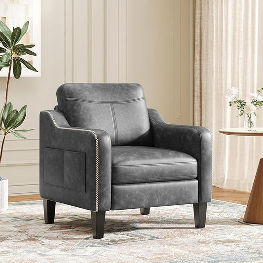 PU Leather Accent Chair, Mid-Century Modern Living Room Armchair Sofa with Removable Cushions, Solid Wood Frame & Stitched Armrest Design, Bedroom Chair with Plastic Legs, Black