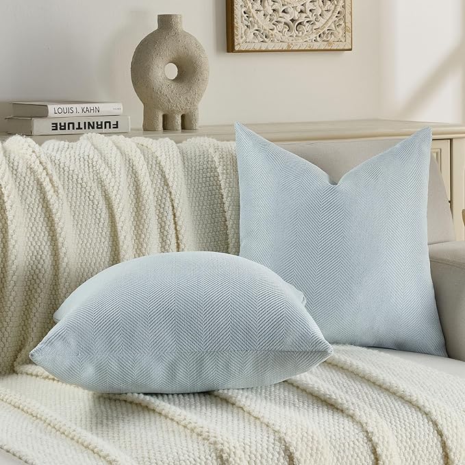 FUTEI Light Blue Chenille Throw Pillow Covers 16x16 Inch Set of 2,Soft Wide Chevron Textured Cushion Case,Farmhouse Home Decor for Couch Bed Living Room