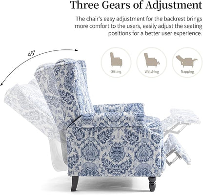 Pushback Recliner Chair, Floral Fabric Wingback Recliner Chair, Upholstered Armchair Push Back Recliner, Rivet Trim Single Sofa Accent Chair with Wood Legs for Living Room, Navy