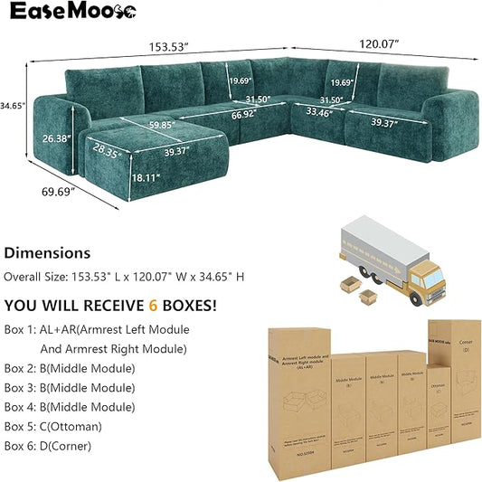 EASE MOOSE Sectional Cloud Couch Oversized for Living Room,7-Seat Modular Boneless Sofa U-Shaped Sofa with Ottoman, No-Assembly Chenille Couch, Blue