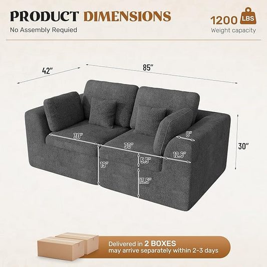 Loveseat Sofa, Cloud Boneless Couches for Living Room, 2 Seater Modular Sectional Sofa,Oversized,DarkGary Chenille