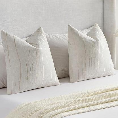 FUTEI Cream Chenille Decorative Throw Pillow Covers 16x16 Inch Set of 2,Soft Embossed Striped Textured Cushion Case,Modern Home Decor for Couch Bed Living Room