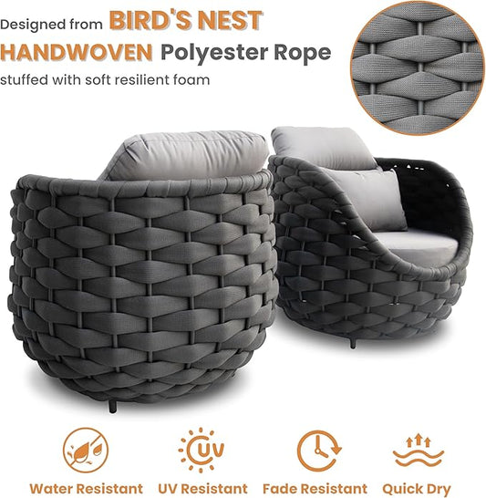 4 Pieces Balcony Seating Set: Aluminum Woven Rope Patio Chair Furniture Set - All Weather Metal Outdoor Conversation Set - Assembled Armchair with Table for Bistro Deck Porch Apartment Hotel