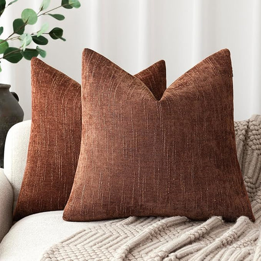 Foindtower Pack of 2 Soft Textured Chenille Throw Decorative Pillow Covers Square Accent Solid Cushion Cover Cozy Neutral Farmhouse Pillow Case for Couch Sofa Bedroom Living Room 24x24 Inch,Red Taupe
