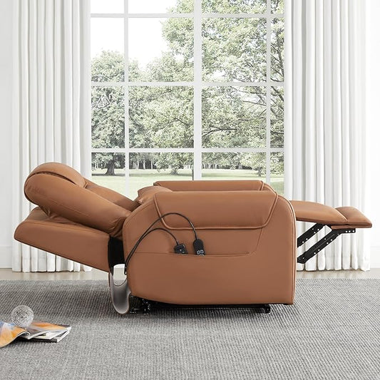 CHITA Electric Power Lift Recliner Chair for Elderly with Massage and Heat, Large Lay Flat Genuine Leather Recliner Chair with Cup Holders, USB Ports, Power Headrest, Independent Backrest, Saddle