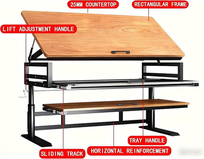 Studio Desk with Keyboard Tray | Hand-Crank Adjustable Standing Desk Workstation for Music Production, Cable Management, MIDI Keyboard Shelf (Natural, 62in)