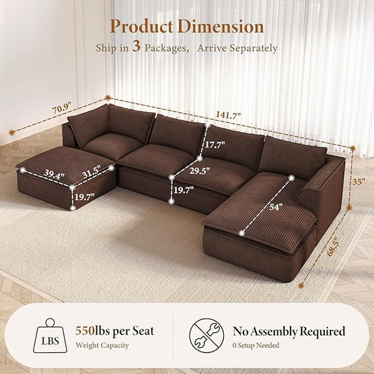 Vesgantti 141.7" U Shaped Boneless Sectional Couch, Modern 6 Seater Modular Sofa with Chaise & Ottoman, Deep Seat Corduroy Cloud Couches for Living Room, No Assembly Required, Dark Brown