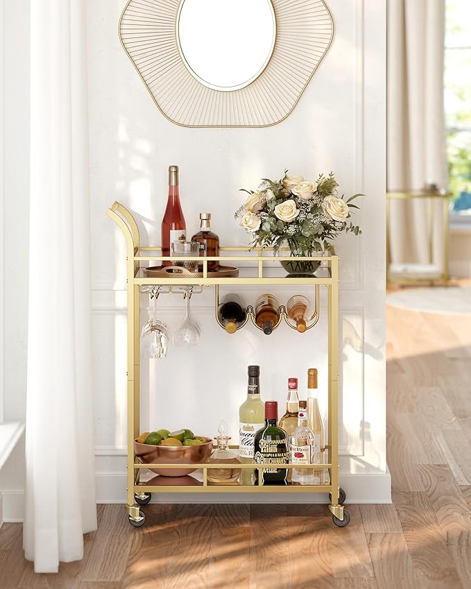 VASAGLE Bar Cart Gold, Home Bar Serving Cart, Wine Cart with 2 Mirrored Shelves, Wine Holders, Glass Holders, for Kitchen, Dining Room, Gold ULRC092A62