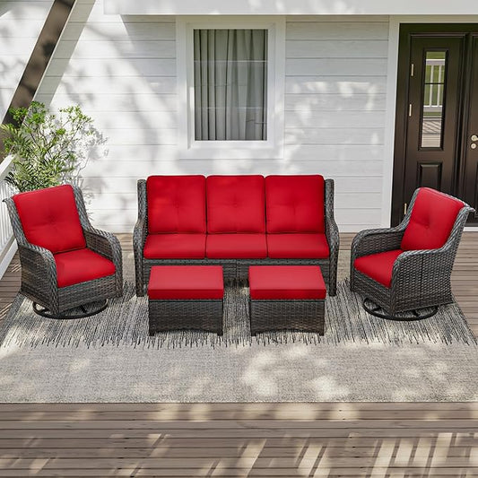 5 Pieces Outdoor Patio Furniture Set - Conversation Set Includes Wicker Swivel Rocker Chairs Set of 2, 2 Ottoman, 3 Seat Sofa, Suitable for Porch, Yard, Mixed Brown Rattan, Red