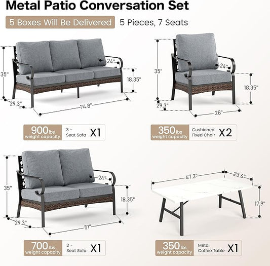 5 Piece Metal Outdoor Patio Furniture Set, Patio Conversation Set with 1 3-Seater Sofa, 2 Fixed Sofa with 5.75" Thick Cushion & Coffee Table, Black & Gray Backyard Furniture