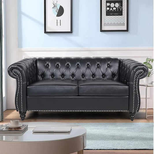 LEVNARY Leather Sofa, Chesterfield Tufted Upholstered 2 Seater Couch, Modern Loveseat Couch Classic Furniture for Living Room Bedroom (Black)