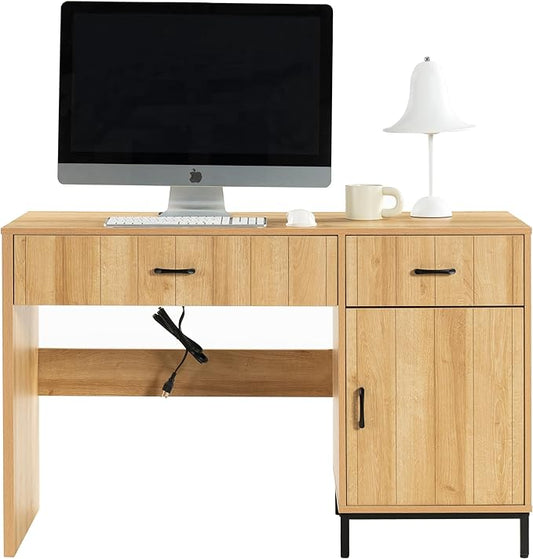 Farmhouse 47" Executive Desk, Home Office Desk with File Drawer and Power Outlet, Computer Desk with 2 Drawers and 1 Storage Cabinet, Workstation for Office Home (Natural Oak)