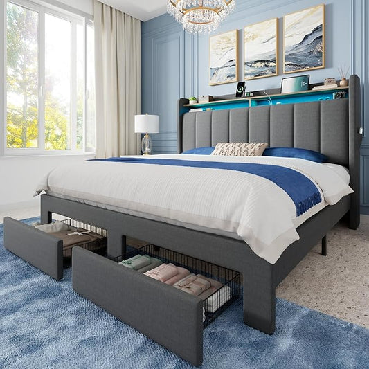 Allewie Vertical Tufted Queen Upholstered Platform Bed Frame with 2-Tier LED Storage Headboard & 2 Storage Drawers, USB & Type-C Charging Ports, Noise-Free/No Box Spring Needed, Dark Grey