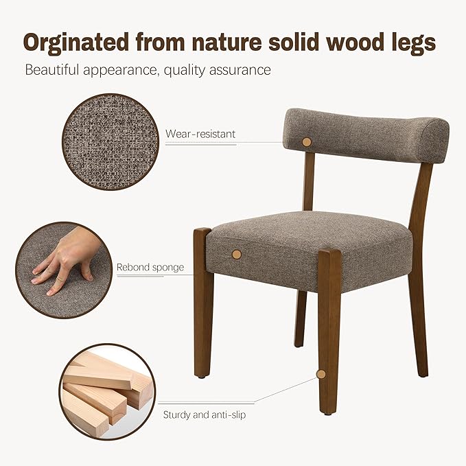 Modern Dining Chairs Set of 8, Walnut Upholstered Kitchen & Dining Room Chairs, Mid Century Wooden Dining Chairs Oversized Sturdy Fabric Rounded Chairs Curved Back, Tan Brown
