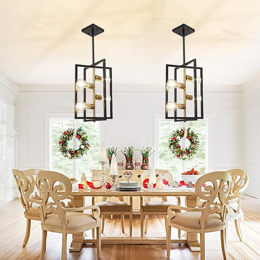 Black and Gold Chandelier Light Fixture: 4-Light Farmhouse Kitchen Island Lighting, Geometric Dining Room Light Fixtures, Rustic Industrial Entryway Chandelier, for Living Room, Bedroom, Foyer
