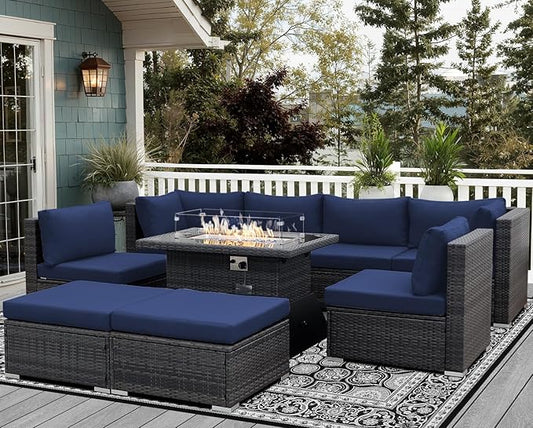 NICESOUL 9 Piece Oversized Outdoor Patio Furniture Set, 29.3'' High Back Comfy Sectional Sofa Set with Firepit Natural Gas & Propane, Deep Seating Conversation Couches, 2 Color Cushion Navy & Gray