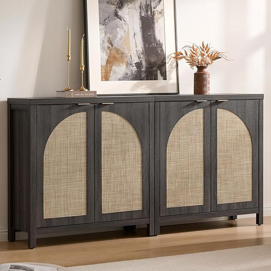 SICOTAS 68" W Rattan Sideboard Buffet Cabinet with Storage Set of 2, Modern Credenza with Arch Doors & Shelves, Boho Coffee Bar Media Console Cabinets for Kitchen, Living Room, Entryway, Black Oak
