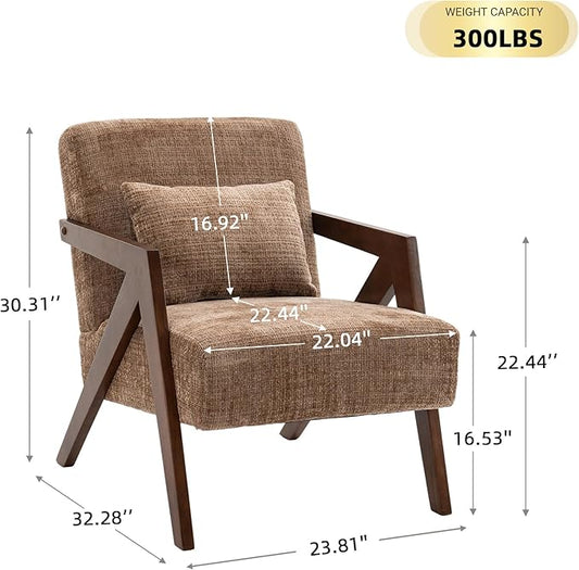 Mid-Century Modern Accent Chair Set of 2 with Solid Wood Frame，Upholstered Chenille Living Room Arm Chairs with Pillow for Bedroom, Living Room, Reading Room, Balcony, Brown