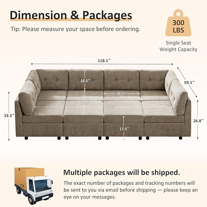 VANOMi 118" Modular Cloud Sofa with 2 Ottomans, 8 Seater Convertible Modular Sectional Sofa Bed, Comfy Chenille Sofas & Couches for Living Room, Apartment, Office, Camel, Large Sofa Bed