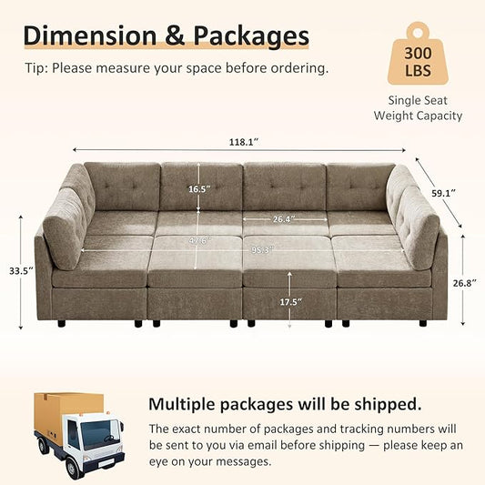 VANOMi 118" Modular Cloud Sofa with 2 Ottomans, 8 Seater Convertible Modular Sectional Sofa Bed, Comfy Chenille Sofas & Couches for Living Room, Apartment, Office, Camel, Large Sofa Bed