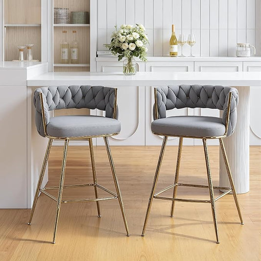 VECELO Bar Stools Set of 2, Counter Height Bar Stools, 26 inch Seat Barstools with Woven Back and Footrest for Kitchen Island Counter, Grey