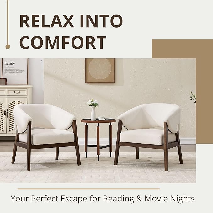 Modern White Accent Chair, Upholstered Armchair Living Room Chair for Bedroom, Comfy Barrel Reading Nook Chairs, Chenille, Wood Legs,1PC