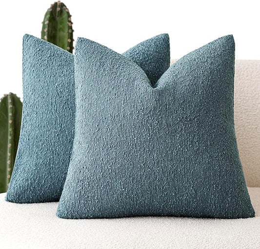 Foindtower Pack of 2 Textured Boucle Throw Pillow Covers Accent Solid Decorative Pillow Cases Cozy Woven Couch Cushion Case for Sofa Bedroom Living Room Home Decor 20x20 Inch Misty Blue