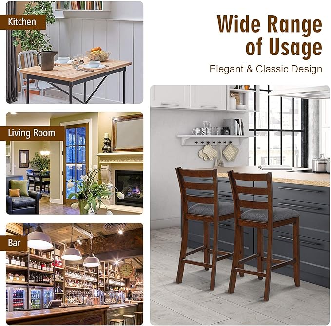 COSTWAY Set of 2 Counter Height Bar Stool, 25.5-Inch Upholstered Bar Stools with Solid Rubber Wood Frame, Foam-Padded Cushion, Footrest, Kitchen Chair for Bistro, Living Room, Grey and Brown