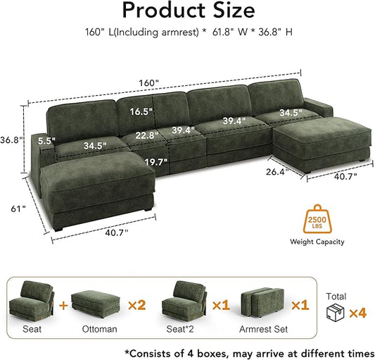 Sunny Heart 160" U-Shaped Modular Sectional Sofa, Oversized Cloud Couch with Movable Ottoman, 6-Seat Chenille Deep Seat Sofa with Pillow, Sectional Couches for Living Room, Apartment, Green