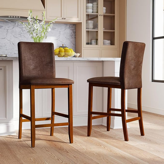COSTWAY Counter Barstools Set of 2, 26 Inch Counter Height Stools with Upholstered Seat & Backrest, Armless High-Top Chairs with Rubberwood Legs for Kitchen Island, Dining Room, Pub