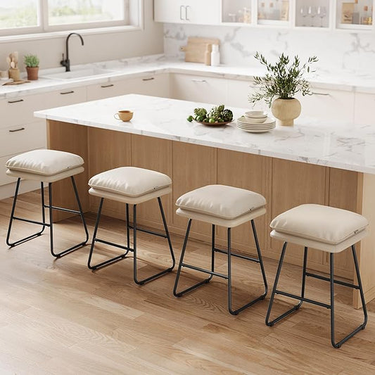 VASAGLE Bar Stools Set of 4, Counter Height Bar Stools, Leather Counter Stools Barstools with Soft Cushion and Metal Sled Legs, 25.6 Inches Bar Height Bar Chairs for Kitchen Island, Cappuccino Beige