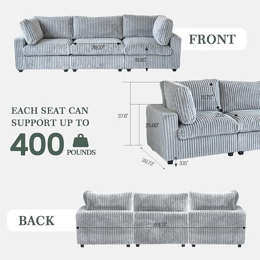 Modular Sectional Sofa, 118.11" Oversized Cloud Sectional Couch,3 Seat Comfy Modern Sectional Couches for Living Room,Plush Sofa Cushion Covers Removable,Gray