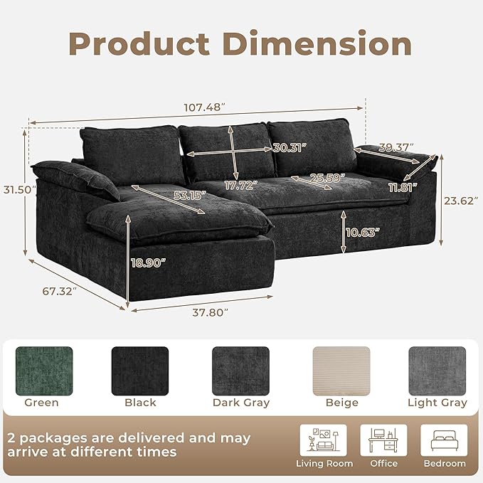 Modular Sectional Sofa, 107.5" L-Shaped Boneless Couch with Deep Seat, Modern Minimalist Upholstered Cloud Sectional Couch for Living Room Bedroom, No Assembly Required, Black Chenille