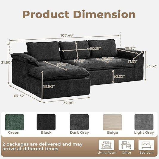 Modular Sectional Sofa, 107.5" L-Shaped Boneless Couch with Deep Seat, Modern Minimalist Upholstered Cloud Sectional Couch for Living Room Bedroom, No Assembly Required, Black Chenille