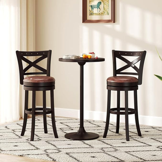 COSTWAY Bar Stools Set of 2, 30" Swivel Bar Height Bar Chairs with Copper Nails, Upholstered Seat, X-Shaped Backrest, Solid Rubber Wood Frame, for Kitchen Island Pub Bar