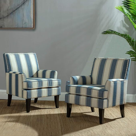 HULALA HOME Modern Accent Chairs Set of 2, Farmhouse High Back Striped Chairs with Wooden Legs & Nail Head Trim, Comfy Upholstered Armchairs for Living Room/Bedroom (Stripe Blue)