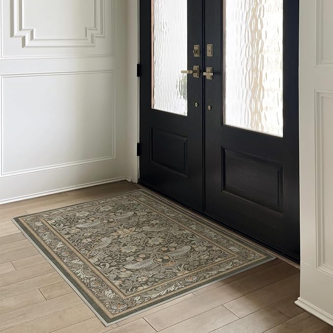 RUGGABLE x Morris & Co Machine Washable Area Rug – Strawberry Thief Stone Gold 3x5, Stain-Resistant, Non-Slip – Small Rugs for Living Room, Bedroom, Hallway, Entryway & Office–with Cushioned Pad