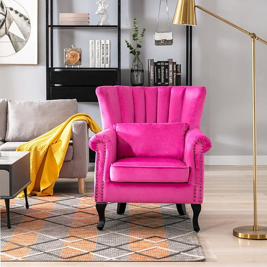 Accent Reading Arm Chairs Set of 2 Midcentury Modern Comfy Corner Sofa Chair, Wingback Waiting Room Club Chair with Tufted Back for Living Room/Bedroom/Reception Room, Velvet Rose