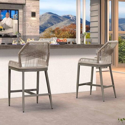 PURPLE LEAF 2 Pieces Counter Height Bar Stools Patio Boho Rattan Barstools Aluminum Woven Bar Chairs with Cushions for Outdoor Kitchen Island Garden