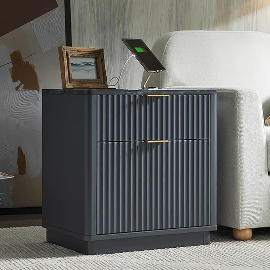 T4TREAM 23'' Fluted Nightstand with Charging Station, Large 2 Drawer Bedside Table, Modern End Table with Storage, Mid Century Night Stand for Bedroom, Living Room, Curved Profile, Dark Grey