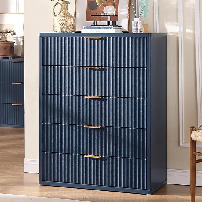 LEYAOYAO Fluted 5 Drawers Dresser for Bedroom Set of 2, 41" Tall Modern Chest of Drawers with Metal Handle, Curved Profile Design,Blue Wood Drawer Organizer for Bedroom, Living Room, Hallway