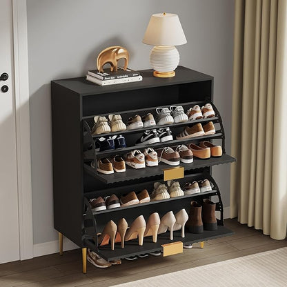 SICOTAS Fluted Shoe Cabinet Storage for Entryway with 6 Flip Drawers-11.8"Deep Frestanding Shoe Organizer Cabinet with 6-tier Shelves, Large 60 Pairs Shoes Rack Cabinet for Foyer Hallway, Black, 3PCS