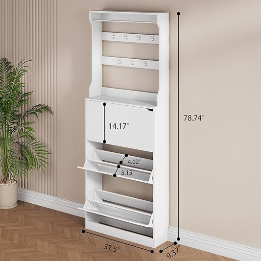 Shoe Cabinet for Entryway, White, 31.5 * 9.37 * 78.74 Inch, 3 Flip Drawers, 3 Shelves, Modern Style