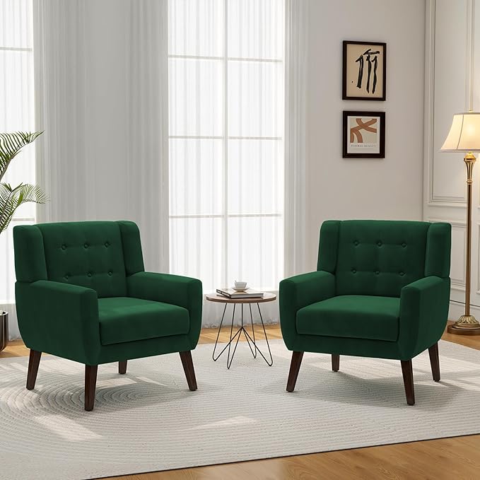 Accent Chair, Modern Velvet Arm Chair for Living Room, Bedroom, Comfy High-Resilient Sponge Reading Chair for Small Spaces （Velvet Retro Green, Set of 1