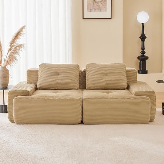 80.3” Camel Boneless Couches for Living Room, Modular Sectional Sofa, 2 Seater Comfy Upholstered Loveseat Deep Seat Corduroy Fabric Cloud Couch No Assembly, Anti-Slip Design