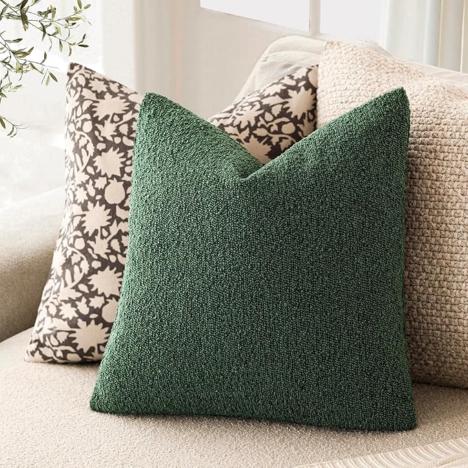 Foindtower Set of 2, Decorative Textured Boucle Throw Pillow Covers Accent Solid Pillow Cases Neutral Cozy Couch Cushion Case for Chair Sofa Bedroom Living Room Home Decor 16x16 Inch Pine Green